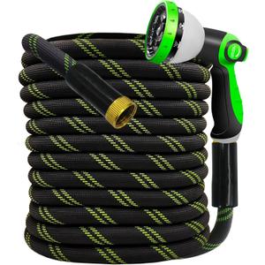Garden Hose 25 FT, NON-EXPANDABLE Heavy-Duty Flexible & Lightweight Water Hose with 10-Function Nozzle, No-Kink Design, Leak-Proof Super Fabric, Solid Fittings for Lawn, Car, RV, Outdoor (BlackGreen)