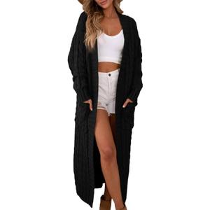 Saodimallsu Womens Open Front Long Cardigan Oversized Long Sleeve Loose Cable Knit Chunky Fall Sweater Coat with Pockets (Black)