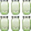Amzcku 32 oz green Mason Jars with Lids, 6 Pack Wide Mouth Quart Canning Jar, Safe For Storage, Canning, Pickling, Preserving, Fermenting, DIY Crafts & Decor