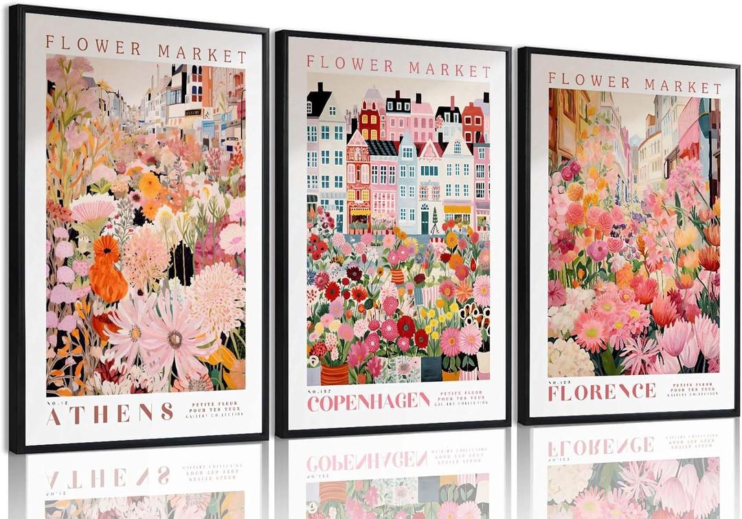XLARTMY Flower Market Wall Art Prints Canvas Pink Floral Paintings Colorful Botanical Sunflower Artwork Travel Posters for Home Decor Pictures Set of 3 for Living Room Bedroom 12x16in Unframed (12x16in Poster, Flower Market-1)