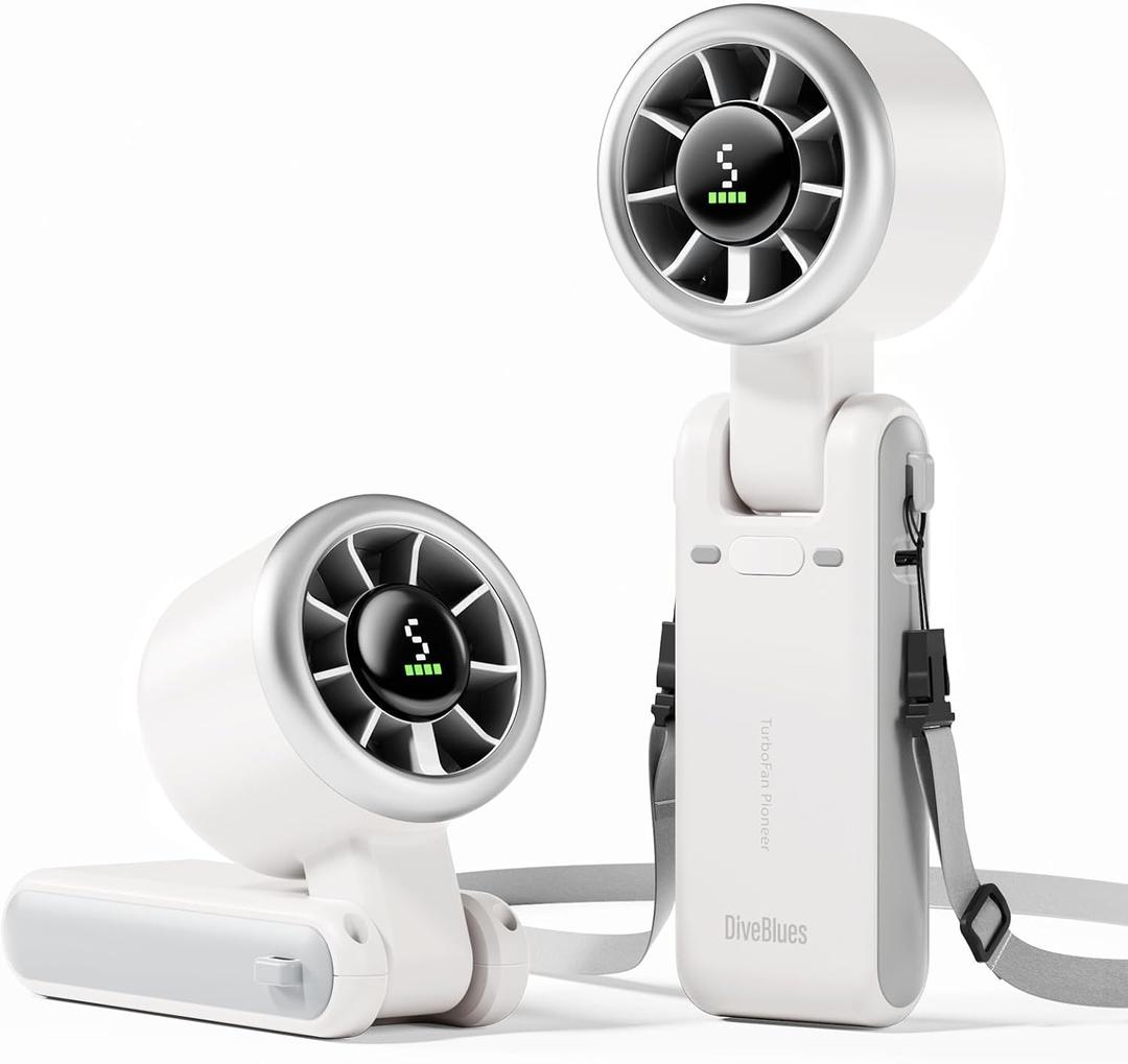 Diveblues Portable Handheld Turbo Fan, 5 Gear Wind, Battery Operated, Up to 12 Working Hours, 3 IN 1 Hand Fan with Air Turbo Tech Cooling Fan for Outdoor Activities, Travel, Working, Silvery white, Small