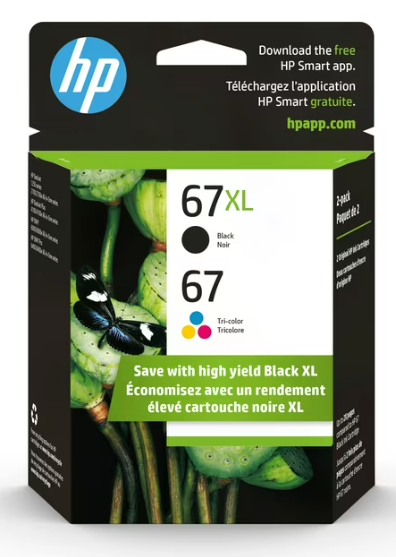 HP 67 Tri-Color Ink Cartridges High/Standard Yield 2 Per Pack, 67XL Black, Cyan, Magenta, Yellow