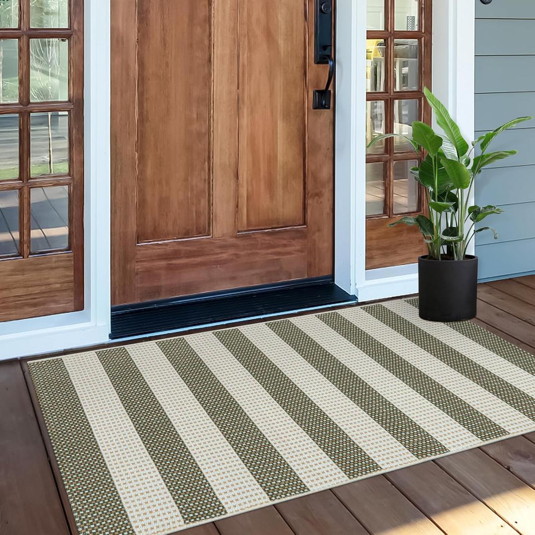 OJIA Green and White Striped Rug 24"x51" Washable Front Door Mat Hand Woven Entry Rug Cotton Indoor Outdoor Rug Small Checkered Rugs for Front Porch Kitchen Entryway Patio Bathroom (Green/Tan/Beige)