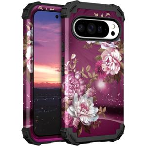 Hocase for Google Pixel 10 Pro XL Case, Shockproof Heavy Duty Protection Hard Plastic+Silicone Rubber Bumper Hybrid Protective Case for Google Pixel 10 Pro XL 6.8" 2025 - Royal Purple Flowers