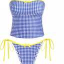 seamoly Womens Cute Tankini Set Gingham Two Piece Swimsuits with Bow Back Tie Side Bottom (Blue, XS)