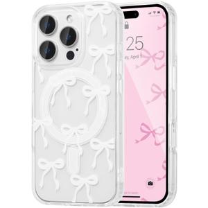 UEEBAI Magnetic for iPhone 16 Case, Bow Case Compatible with MagSafe, Wireless Slim Clear Ribbon Aesthetic Phone Cover Anti-Yellowing Shockproof Protective Cover for Women Girl - White