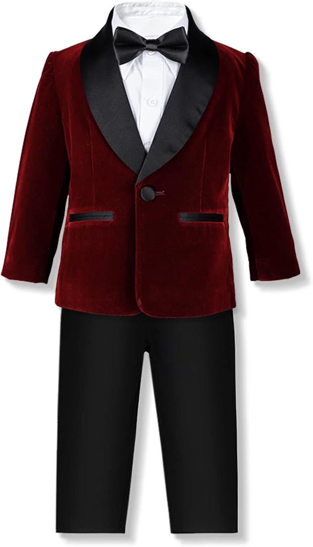 SANGTREE Boys Shawl Tuxedo Suit Velvet Set Gentleman Wedding Outfit, 3 Months - 14 Years (5-6 Years, Burgundy)