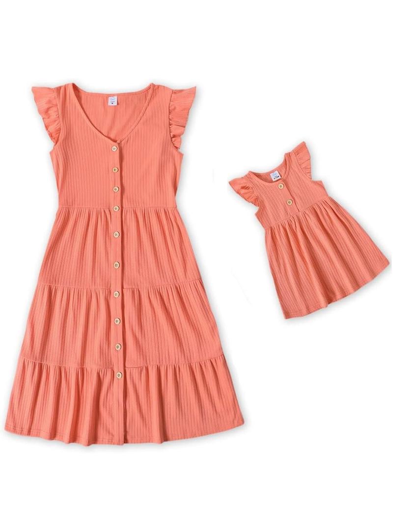IFFEI Matching Family Dresses Cotton Ruffle Decor Mommy and Me Matching Dress (Small, Pink)