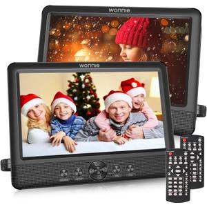 WONNIE 10.5" Two DVD Players Dual Screen for Car Portable CD Player, Play a Same or Two Different Movies with Two Mounting Brackets, 5-Hour Rechargeable Battery, Support USB/SD Card Reader Black
