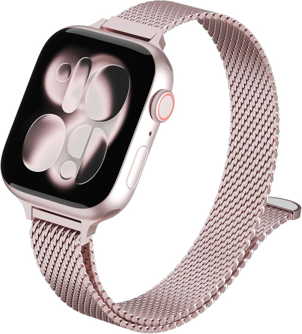 Slim Milanese Loop Compatible with Apple Watch Bands for Women Men , Stainless Steel Magnetic Mesh Strap for iWatch 38/40/41/42mm, Rose Pink