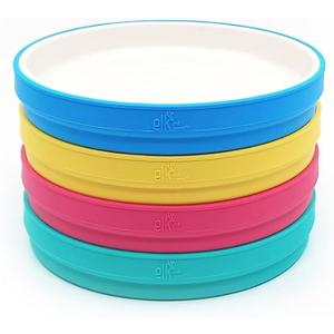 Elk and Friends Kids 7.8” Porcelain White Plates with Silicone Sleeves | Suitable for Babies/Toddlers | Microwave & Dishwasher Safe | Non Slip Dinnerware | Snack Dishes | 4 Pack