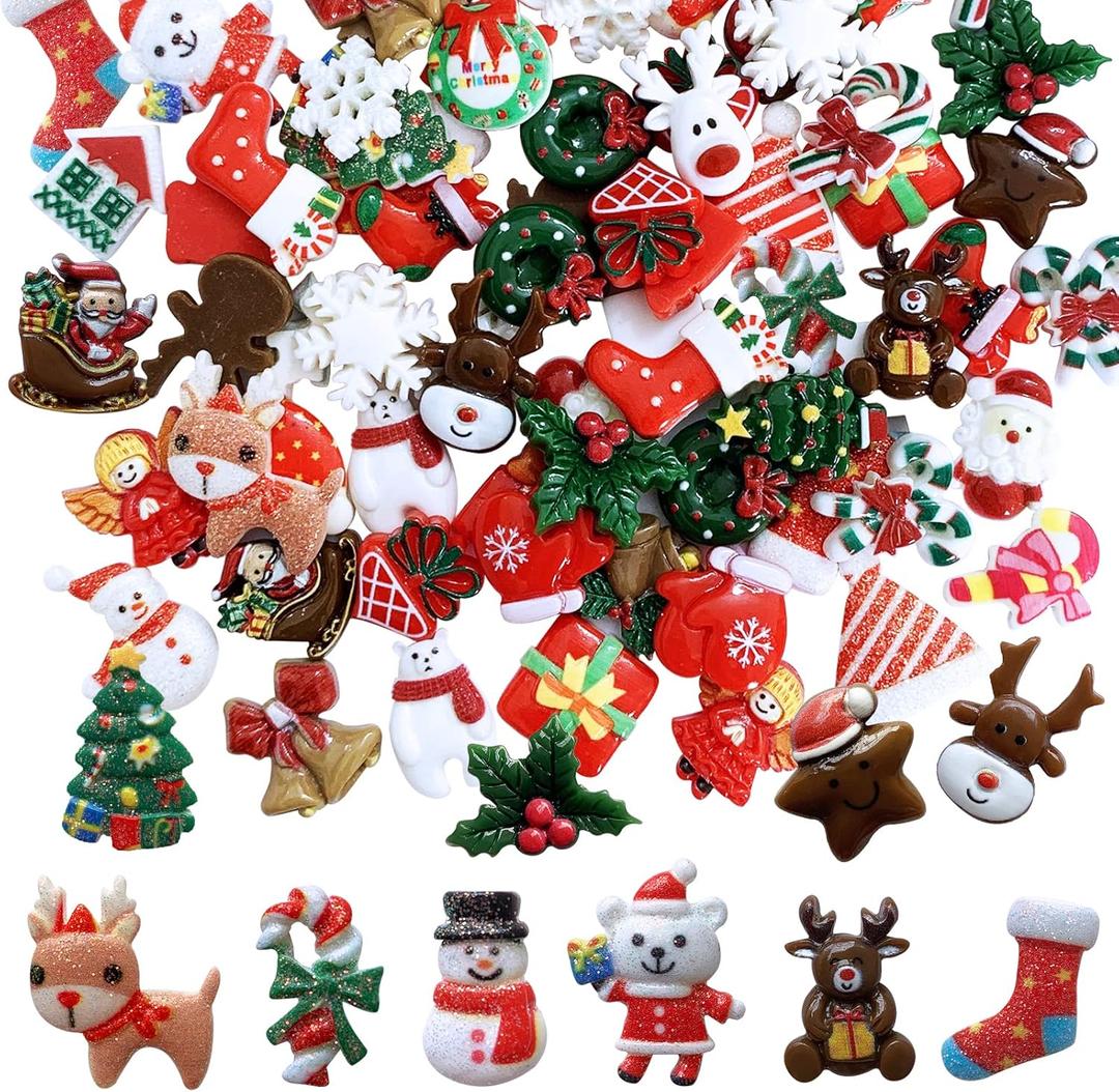 80 Pcs Christmas Resin Flatback Slime Charms, Gorvalin Kawaii Glitter Snowman Reindeer Embellishments Charms for Christmas Craft Nail Scrapbooking Decorations