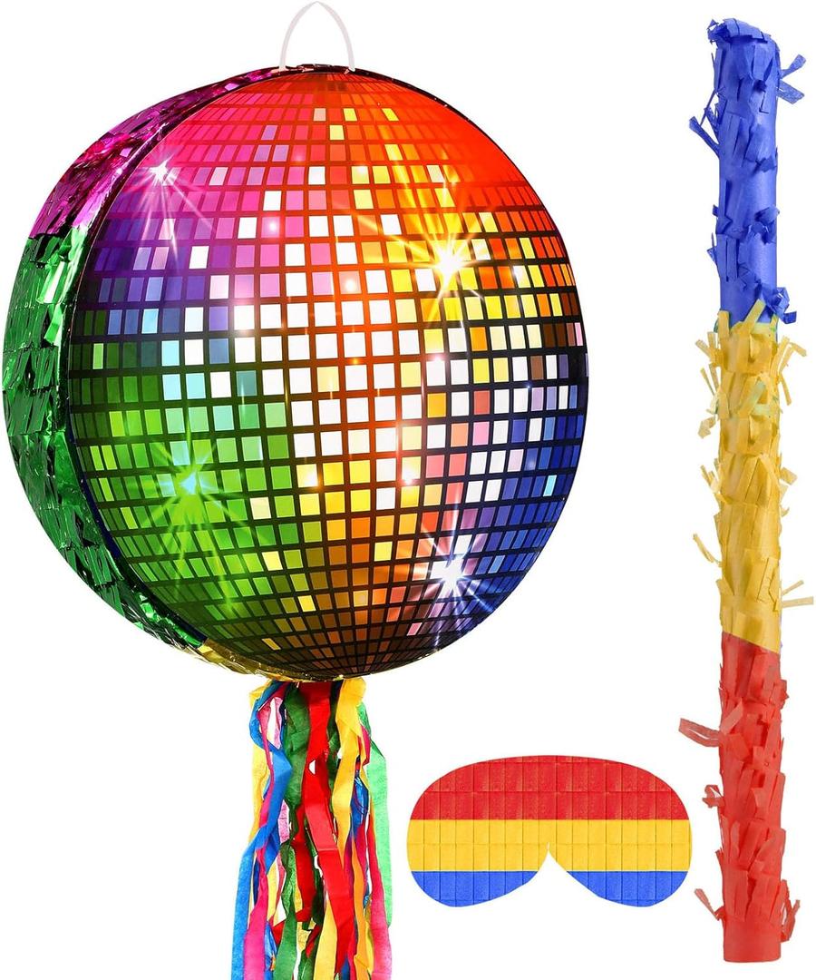 Aoriher Disco Party Pinata, Roller Skating Pinata with Blindfold Mask, Stick, Confetti & Colorful Square Decor, Ideal for 80s 90s Themed Birthdays, Weddings, Festivals & KTV