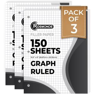 Rosmonde Graph Paper 3 Pack, 450 Sheets, 4x4 Grid Paper, 8" x 10.5", 3 Hole Punched, Notebook Paper, 54 GSM Thick Graphing Paper, Quad Ruled Graph Paper, Loose Leaf Paper, Back to School Supplies