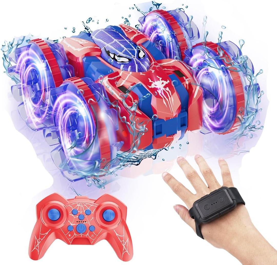 4WD Waterproof RC Car, 2.4 GHz Land & Water Remote Control Car Remote Control Boat for kids, 360Rotation RC Truck Stunt Cars with LED Lights, Boys Girls Gifts All Terrain Water Beach Pool Toy (Blue-dual Control)