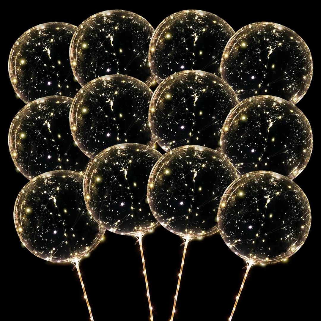 12 Pack Big Light Up BOBO Led Balloons with Sticks - Clear Balloons with Lights, Glow in the Dark, Flicker in the Daylight - Perfect Glow Party Supplies for Birthday, Wedding, Graduation (Warm White)