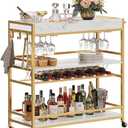 BON AUGURE Bar Cart for The Home, Rolling Home Bar Serving Cart on Wheels, 3 Tier Mobile Liquor Beverage Carts with Wine Rack and Glass Holder (Gold & Marbleized White), 13.39"D x 35.83"W x 35.03"H