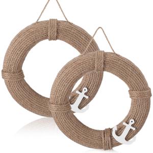 Xuhal 2 Pcs Nautical Decor Farmhouse Lifebuoy Wall Hanging Decor 9.8 Inch Rustic Life Preserver Ring Decoration with Anchor Hemp Rope Safety Ring Ornament for Ocean Beach Theme Home Boat Door Wall Art