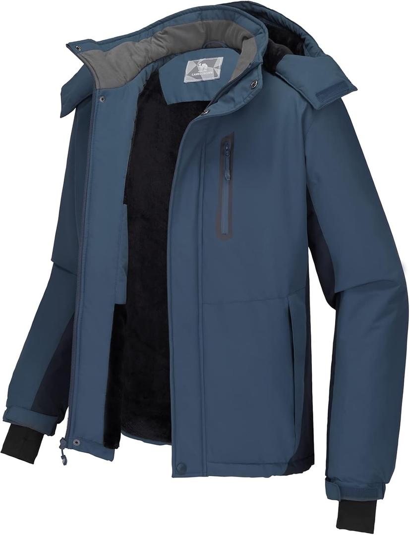 CAMEL CROWN Men's Mountain Snow Waterproof Ski Jacket Detachable Hood Windproof Fleece Parka Rain Jacket Winter Coat (Gray Blue), S