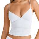PINKMSTYLE Women's Sexy V Neck Ruched Cami Top Sleeveless Spaghetti Double Layer Fitted Crop Tank Tops (Large, White)
