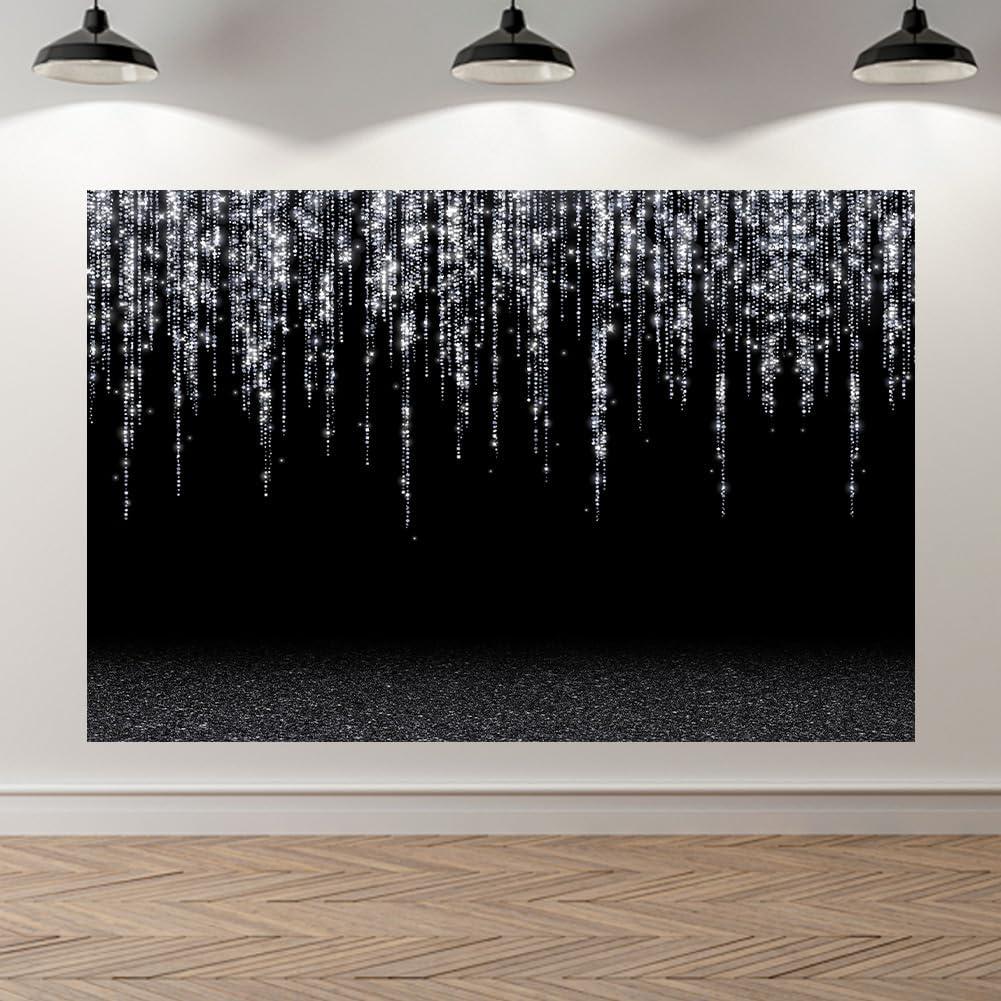 Black and Silver Prom Backdrop 7x5 Feet - Glitter Photo Booth Backdrop with Grommets, Waterproof Vinyl for Graduation, Stage, Portraits, Event Decorations, Shooting backdrops