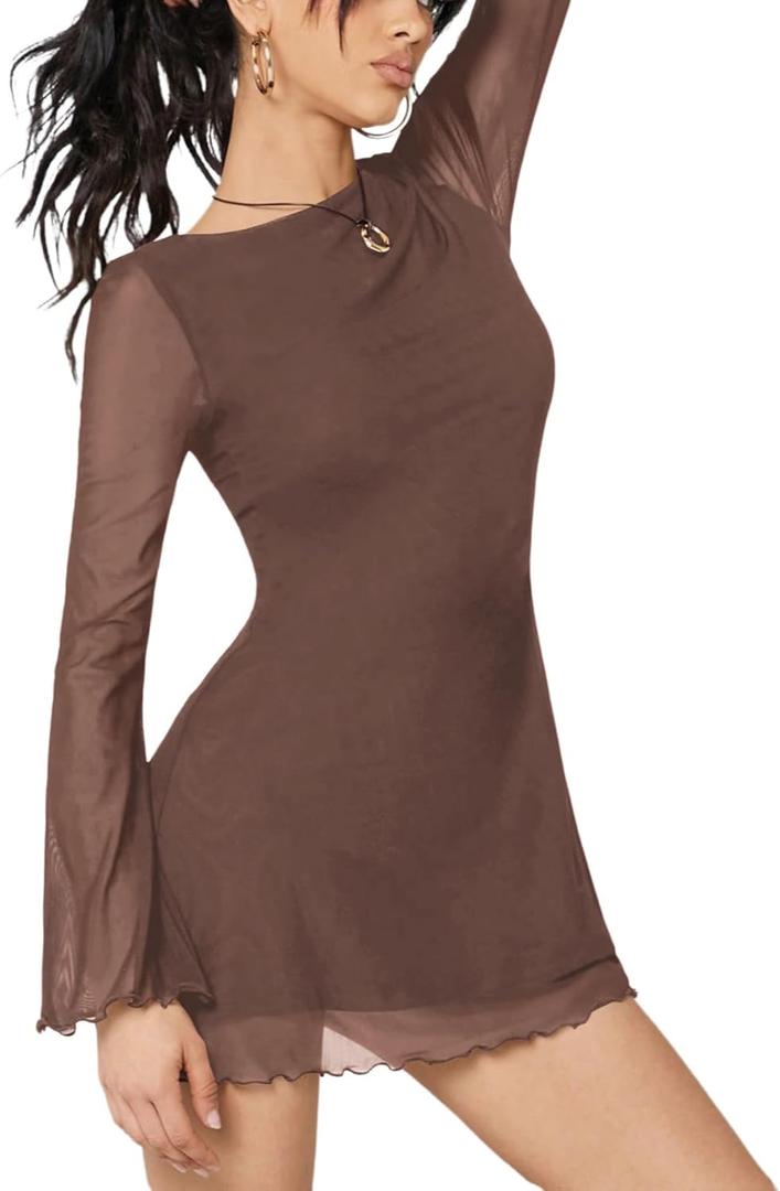 Milumia Women's Boat Neck Mesh Long Bell Sleeve Mini Dress Y2k Going Out Short Dresses Fall 2025 (Medium, Coffee Brown)