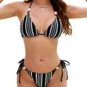 Edelqual Women Thong Bikini Set Sexy Two Piece String High Cut Triangle Swimsuit Brazilian Cheeky Bathing Suit Swimwear (Medium, Black and White)