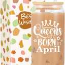 Birthday Gifts for Women, Funny Happy Birthday Glass Cup Tumbler for her, Girlfriend, Friends, Wife, Mom, Bestie, Daughter, Sister, 18oz Unique Can Glass with Straw & Lid, Queens are Born in April