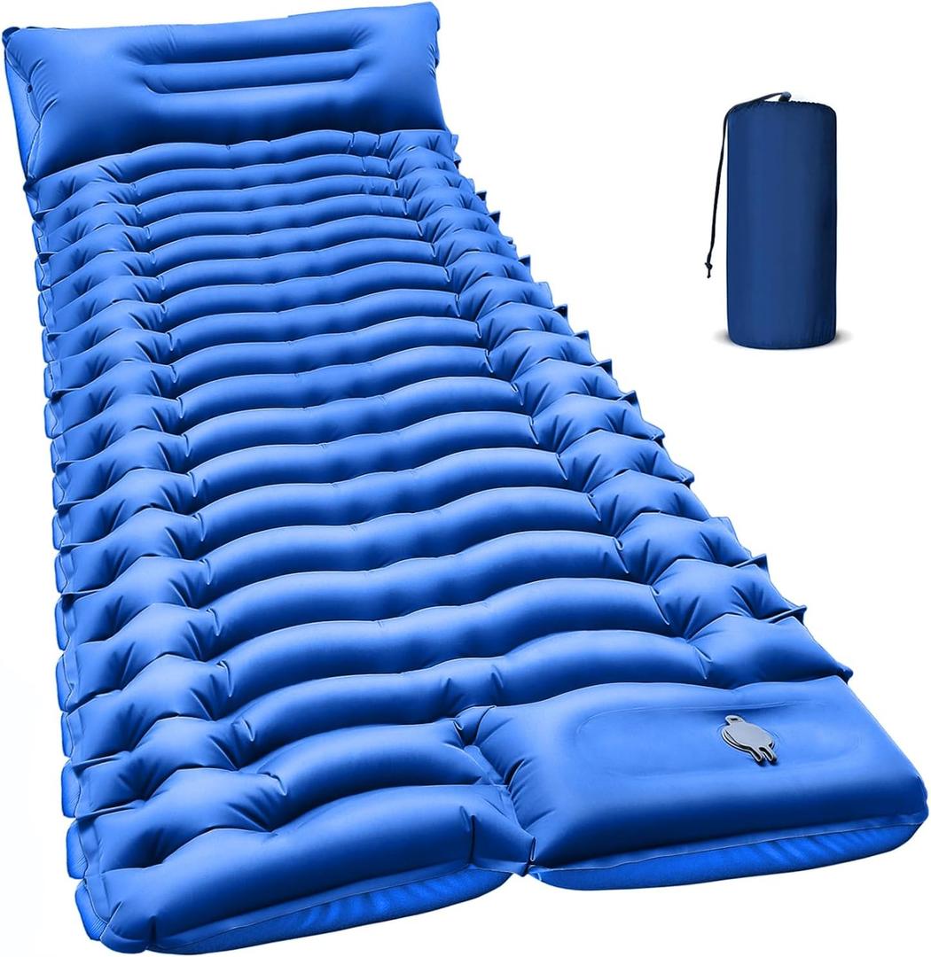 FUN PAC Camping Sleeping Pad, Ultralight Camping Mat with Pillow, Built-in Foot Pump Inflatable Sleeping Pads Compact for Camping Backpacking Hiking Traveling Tent,Single,Blue