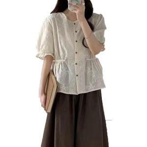 Women's Cotton Linen Embroidered Tunic Blouse Elegant Puff Short Sleeve Crewneck Layered Button Down Shirt (Beige)