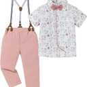DISAUR Boys Suits 3 Pieces Formal Dress Shirt with Bowtie+Suspender Pants Boy Gentleman Outfits Set (Pink, 4-5T)
