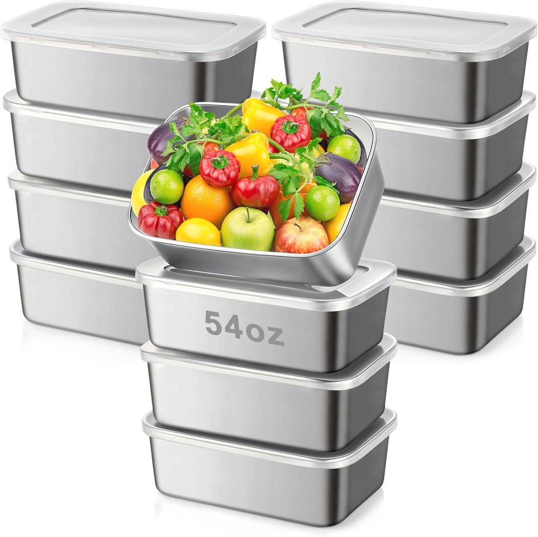 12 Pcs Stainless Steel Food Storage Containers with Lids, 54 oz Metal Freezer Containers, Lightweight Stackable Easy Open Reusable Meal Prep Box for Kitchen Picnic Oven Dishwasher Safe (Clear)