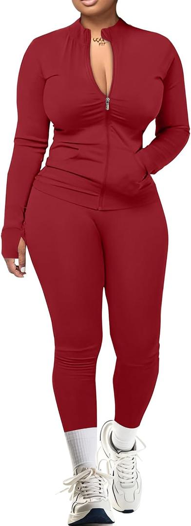 UOUA Two Piece Outfits Women Tracksuit Sets Long Sleeve Zip Up Jacket & Leggings for Gym Workout Set DarkRed XL