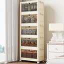 5 Tier - 34QT Storage Bins with Lids, Collapsible Storage Bins with Doors and Wheels, Plastic Storage Cabinet for Easy Storage and Organization for Living Room, Office