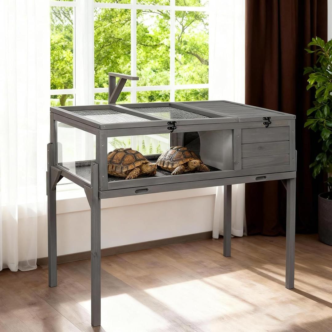 GEGURI Tortoise Habitat Indoor & Outdoor, Wooden Tortoise House with Detachable Legs, Reptile Cage for Small Animals