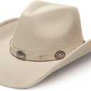 Faux Suede Felt Western Cowboy Hat for Women or Men, Wide Brim, Rivet Strap (One Size-Medium, Beige)