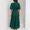 Women's Summer Deep V Neck Puff Short Sleeve Tiered Maxi Dress Flowy A Line Long Dresses (Green, L)