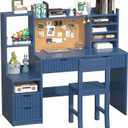 Blue Wooden Kids Fluted Desk and Chair Set, Kids Study Desk with Storage Shelves, Kids Study Table and Chair Set with 4 Fluted Drawers, Girls Study Desk for Kids with Hutch for Bedroom-p7P54u