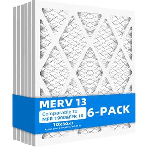 (Pack of 6) 10x30x1 Air Filters, MPR 1900 & FPR 10, MERV 13 Pleated Air Filter (Actual Size: 9.75" x 29.75" x 0.75") (Pack of 6) 10x30x1 Air Filters, MPR 1900 & FPR 10, MERV 13 Pleated Air Filter (Actual Size: 9.75" x 29.75" x 0.75")