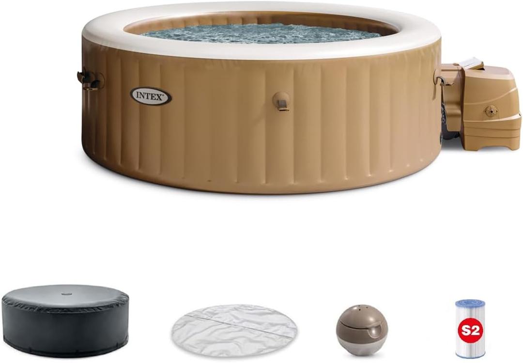 INTEX 28425EH PureSpa Bubble Massage Spa Set Outdoor Inflatable Portable Hot Tub, Includes Energy Efficient Spa Cover, Saltwater System Ready, 4 Person, 77in x 28in