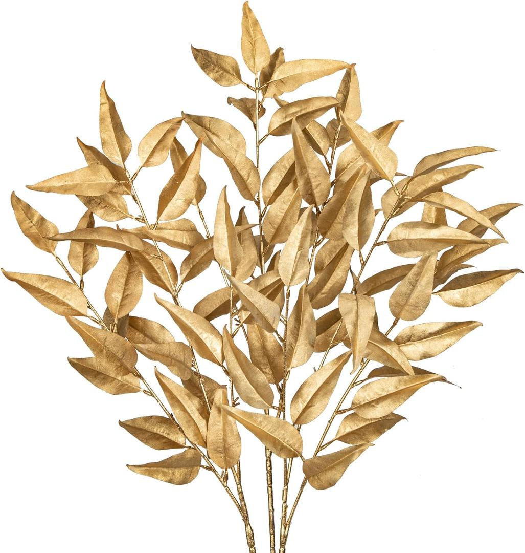Hollyone 32 Christmas Tree Picks and Sprays 3Pcs Gold Artificial Eucalyptus Stems Eucalyptus Leaves Branches Fake Gold Leaf Floral for Vase DIY Xmas Tree Garland Wreath Centerpieces Wedding Decor (Eucalyptus-Style 5, Gold-style 5)
