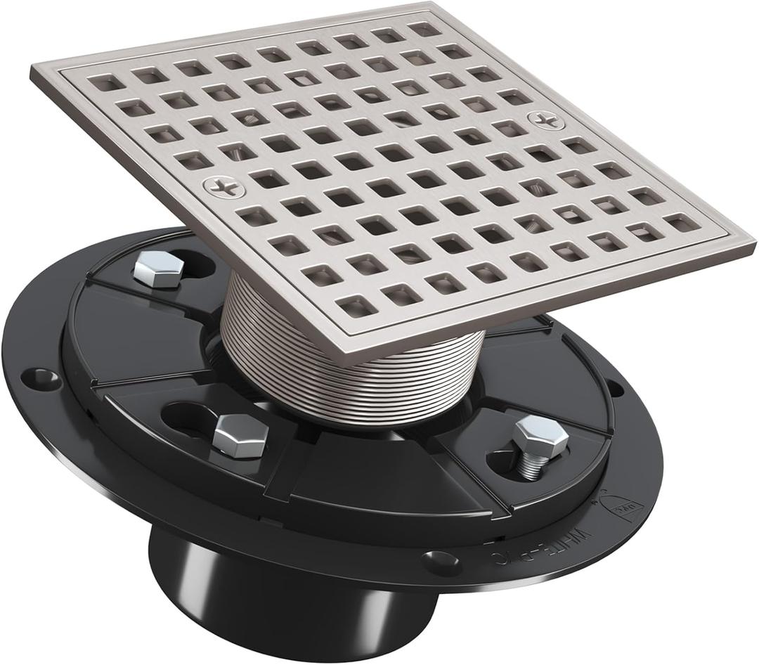 4 Inch Square Shower Drian with ABS Flange-SUS 304 Stainless Steel & CUPC Certified Shower Floor Drain-Removable Grid Cover-with Hair Strainer-Brushed Nickel