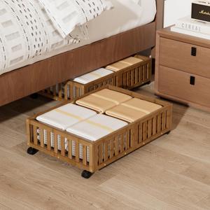 Bamboo Under Bed Storage with Wheels,Rolling Underbed Shoe Organizer Box for Shoes,Blankets,Toys,Clothes Container Space-Saving Bins for Bedroom,Closet,Dorm,Nursery (2 PCS (23.62"16.54"), Walnut)
