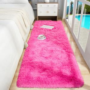 Foxmas Soft Runner Rug for Bedroom Living Room, 2x6 Feet Fluffy Area Rugs Shag Bedside Rug for Kids Nursery Room Plush Shaggy Dorm Hallway Rugs with Non-Slip Bottom Home Decor Carpet, Black (Hot Pink)