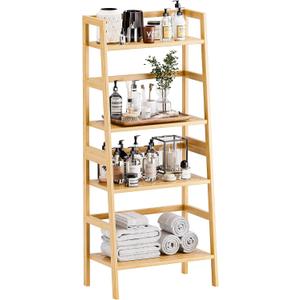 HITNET Ladder Shelf, 4-Tier Bookshelf, Bamboo Leaning Bookcase, Display Storage Rack Organizer, Freestanding Flower Plant Stand for Living Room, Home Office, Kitchen, Natural, 12.6" D X 20.87" W X 49.21" H