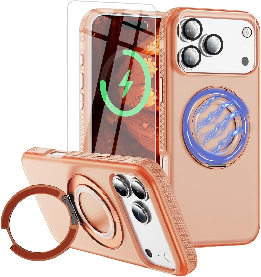 for iPhone 17 Pro Max Case [Compatible with Magsafe] [15 FT Military Grade Drop Protection] with Screen Protector & Lens Protector,Shockproof Kickstand Phone Case for iPhone 17 Pro Max(Orange)