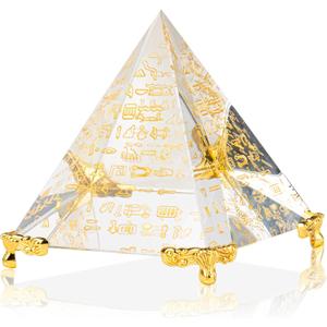 Clear Crystal Meditation Pyramid - Stress Relief Meditation Decor, Healing Positive Energy Feng Shui Ornament with Gold Base for Desk, Office, Home Living Room,3.94 Inch (White and Gold)