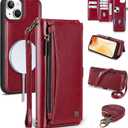 Wallet Case for iPhone 15 with Card Holder/Crossbody Wallet/Strap| RFID Blocking | Magnetic | Kickstand | Detachable | PU Leather Phone Case for iPhone 15,6.1 in,Wine Red