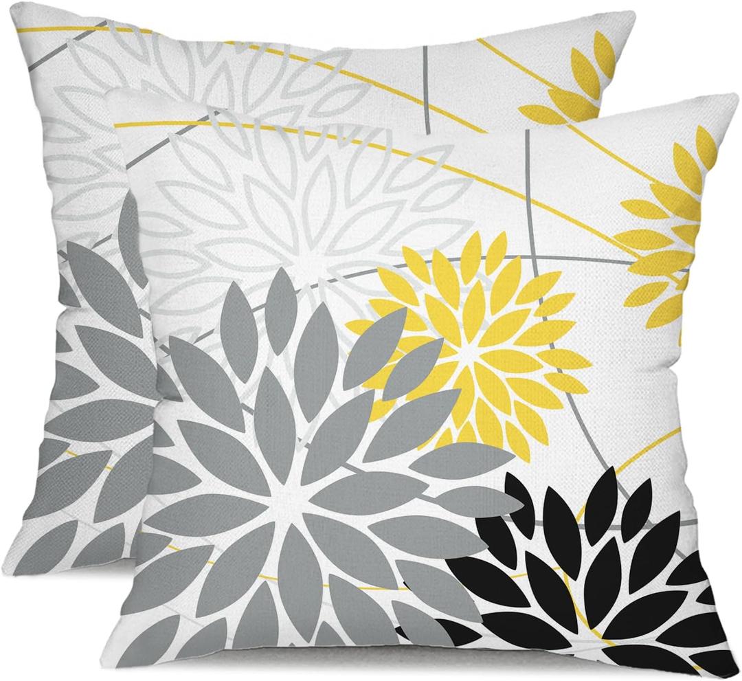 Grey and Yellow black Floral Pillow Covers 18x18 Set of 2 Outdoor Waterproof Decorative Throw Pillows Summer Pillow covers Polyester Cushion Case Decor for Couch Patio Funiture Garden Porch 011C18