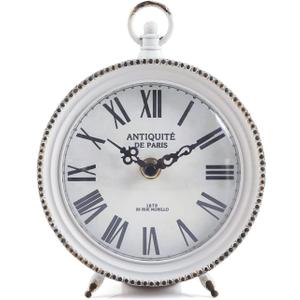 NIKKY HOME Vintage Table Clock with Handle, Shelf Desk Top Clock Battery Operated Rustic Design, Chic Home Decor for Fireplace Mantel, Desktop, Countertop, Distressed White